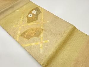 金彩汕頭金駒刺繍格子に地紙・花々模様名古屋帯